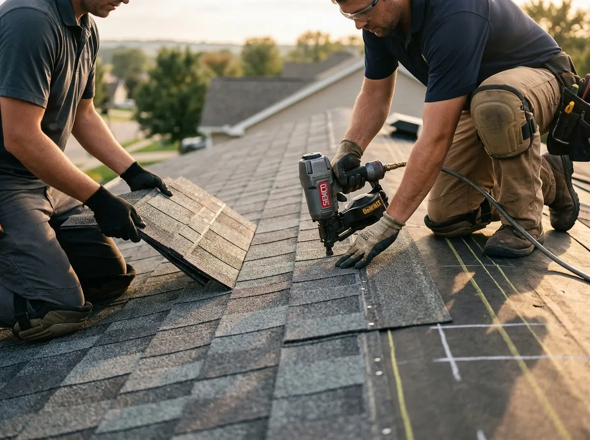 Professional roofer working on a residential roof in Newman